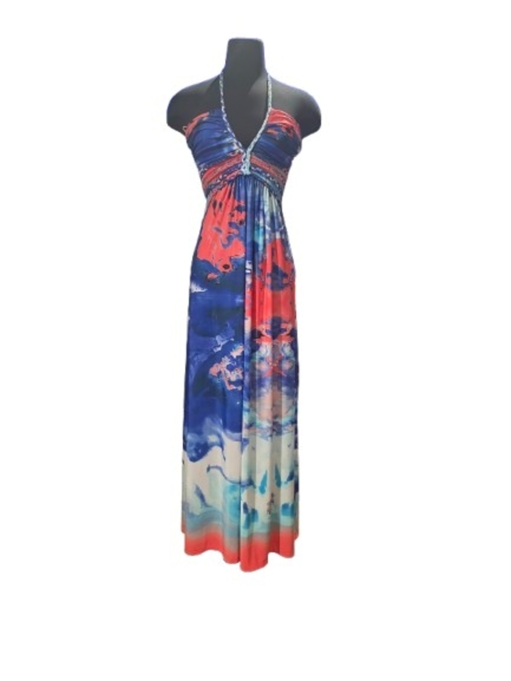 Cynthia Rowley Blue and Coral Halter Maxi Dress SZ M
